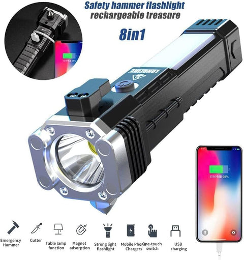 Flashlight And Power Bank , Most Powerful Portable Led Torch, Super Bright, Waterproof Torch Light With Hanging Magnet And Safety Window Breaking Hammer & Seat Belt Cutter For Camping, Hiking, Outdoor Emergency