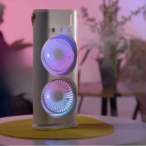 Rechargeable Automatic Rotating Dual Double Spray Mist Fan with Lightening Effects (with Box Packing